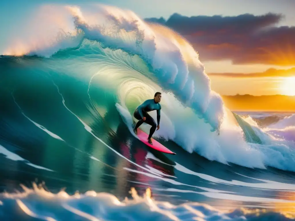 Un surfista uruguayo experimentado cabalga una ola gigante al atardecer, con un cielo anaranjado y rosado de fondo