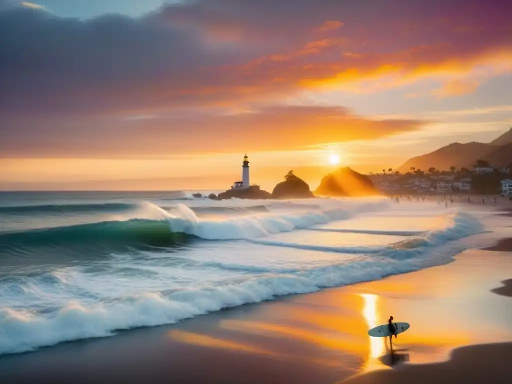 Surfistas disfrutan del atardecer dorado en La Paloma, Uruguay, con tablas de surf coloridas