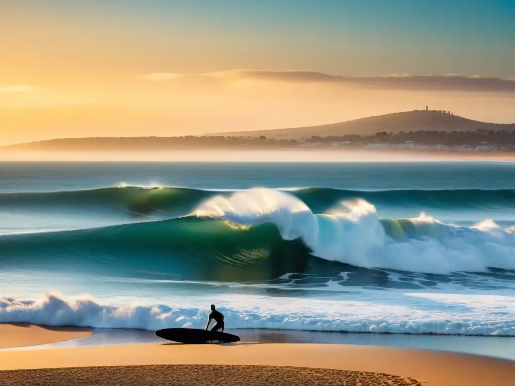 Surfistas en atardecer dorado en Playa Brava, Punta del Este, con 'La Mano' de fondo