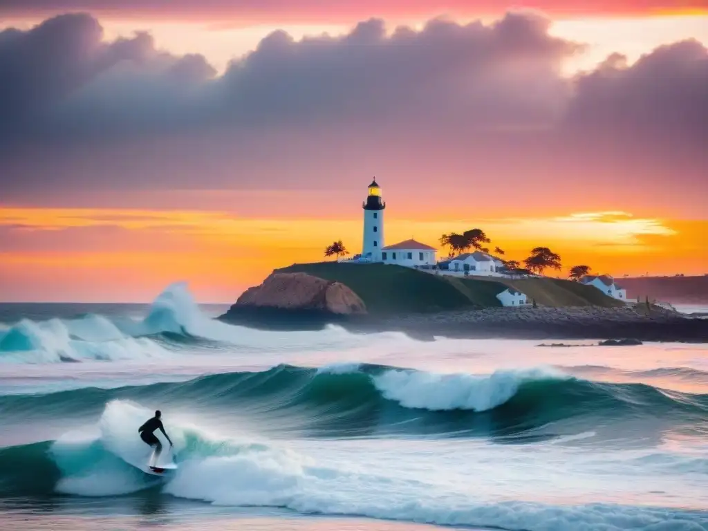 Surfistas al atardecer en Uruguay, con el faro de Punta del Este de fondo, reflejando la cultura del surf en Uruguay