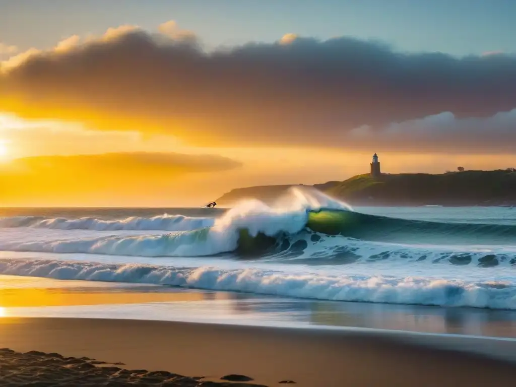 Surfistas disfrutando del atardecer en La Paloma, uno de los mejores spots surf Uruguay