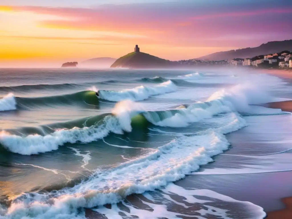 Surfistas disfrutando del atardecer en La Paloma, Uruguay, con olas y cielos de tonos dorados y rosados