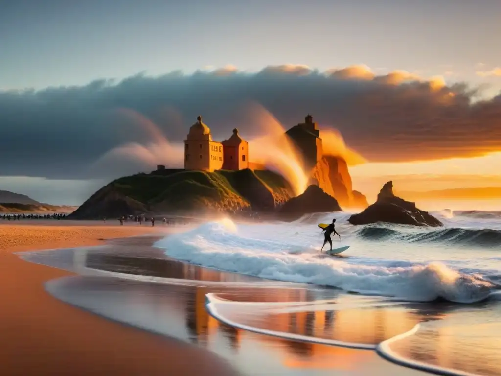 Surfistas surfeando al atardecer en La Pedrera, Uruguay