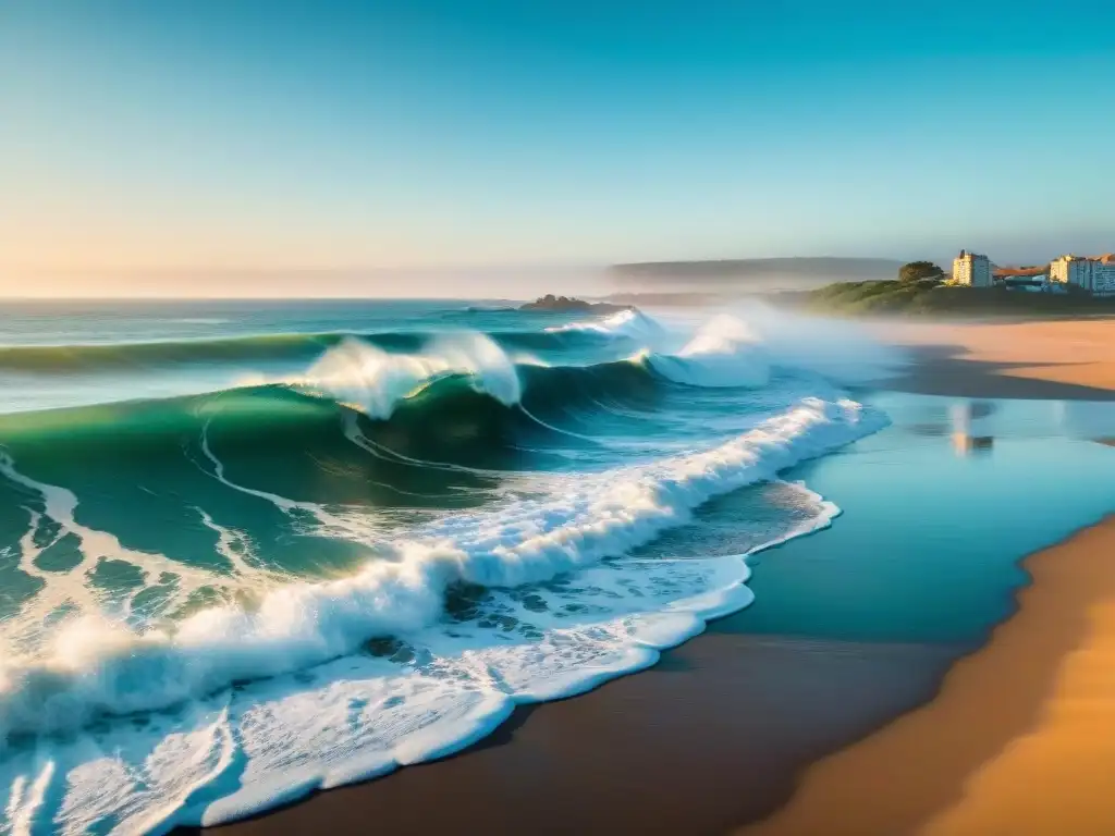 Surfistas compitiendo al atardecer en playa uruguaya, en Campeonatos de surf Uruguay 2023