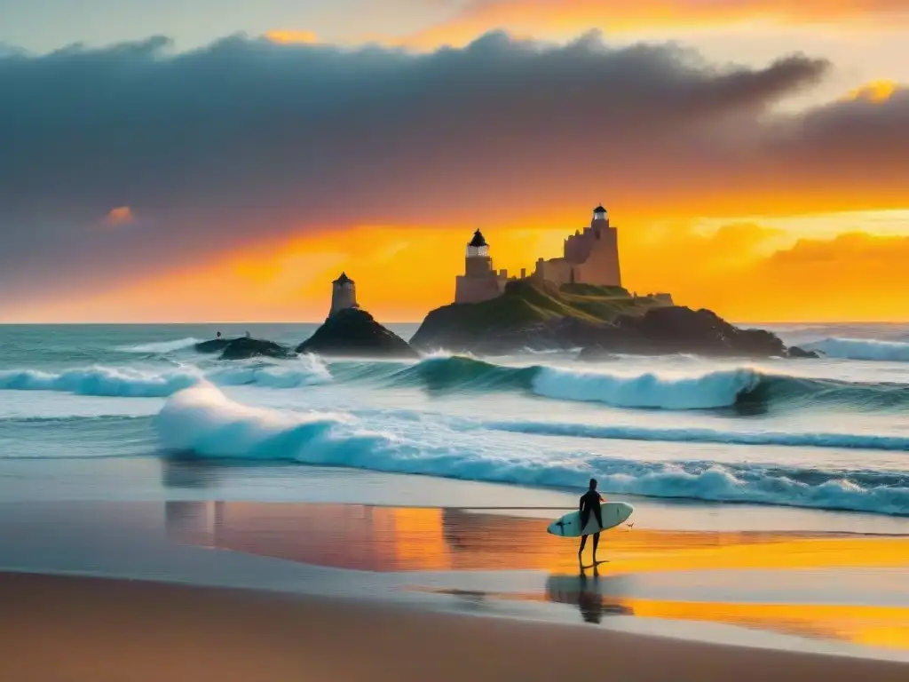 Surfistas disfrutan del atardecer en Playa La Pedrera, Uruguay