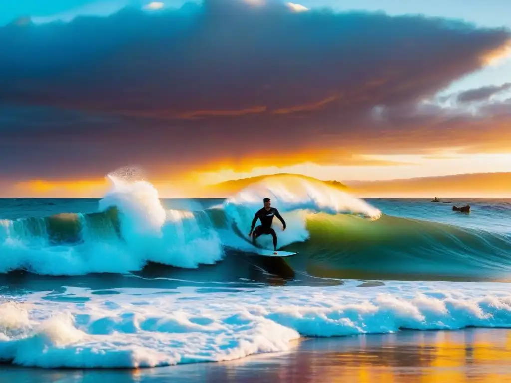 Surfistas disfrutan del atardecer en Playa Brava, Punta del Este