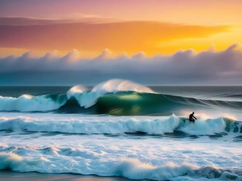 Surfistas surfeando al atardecer en Punta del Diablo, Uruguay, capturando la historia y evolución del surf en Uruguay