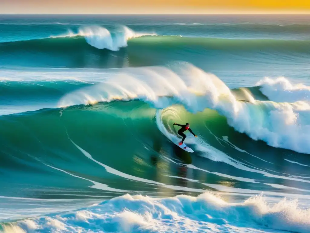 Surfistas en longboards retro disfrutan del atardecer en Punta del Este, Uruguay, evocando el estilo clásico del surf en esta playa