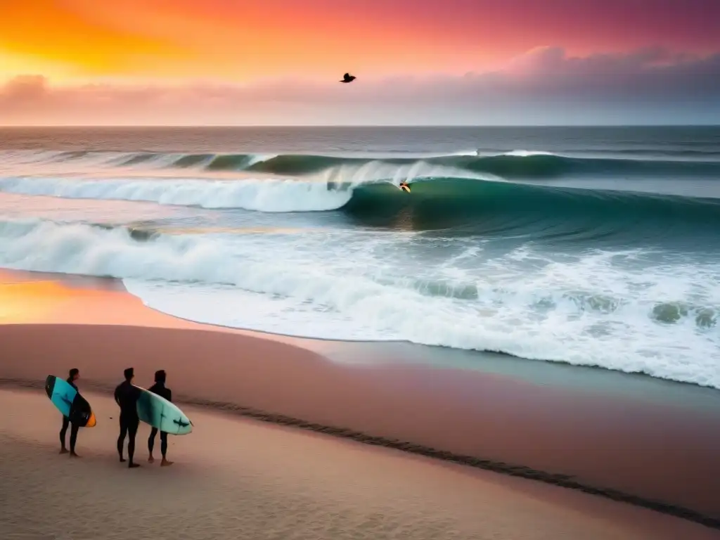 Surfistas disfrutan de un atardecer vibrante en Playa La Pedrera, Uruguay