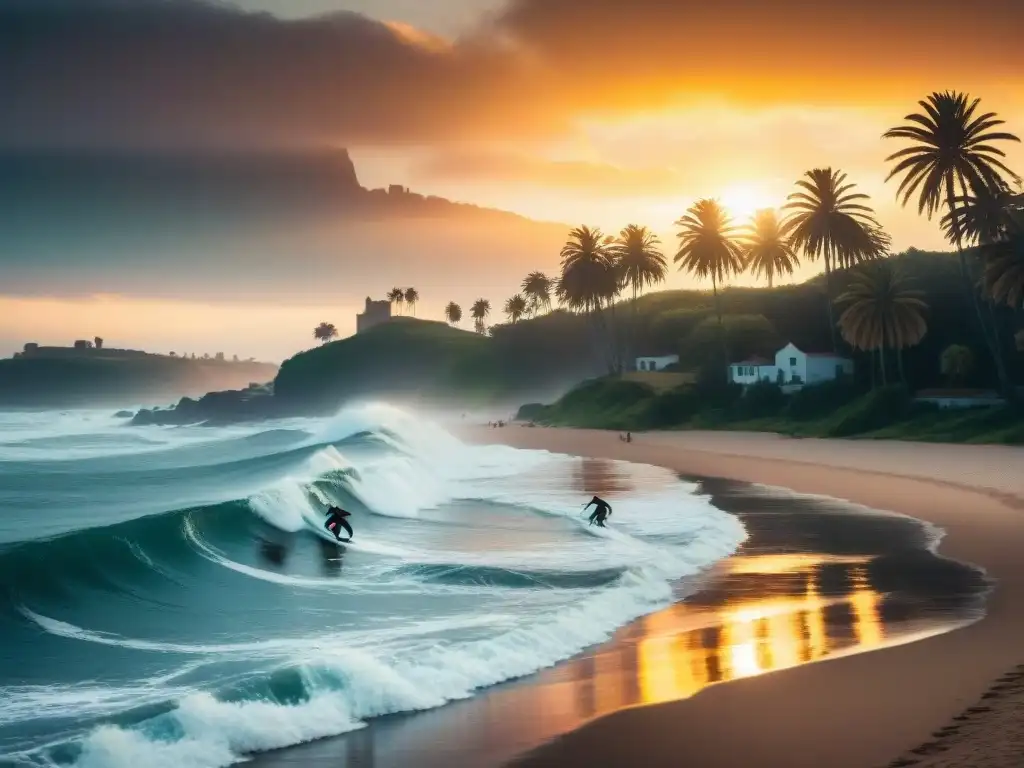 Fotografía de surf en Uruguay: surfistas capturados en la orilla al atardecer, reflejos de colores vibrantes en el agua