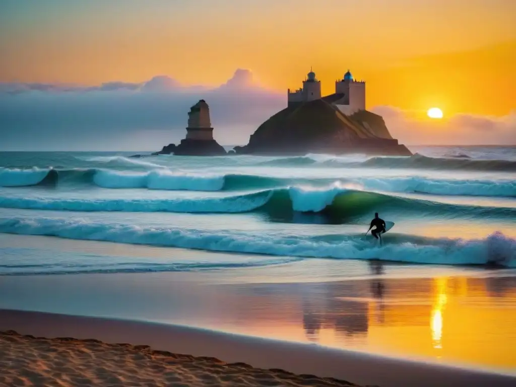 Surfistas experimentados surfeando al atardecer en Playa La Pedrera, Uruguay