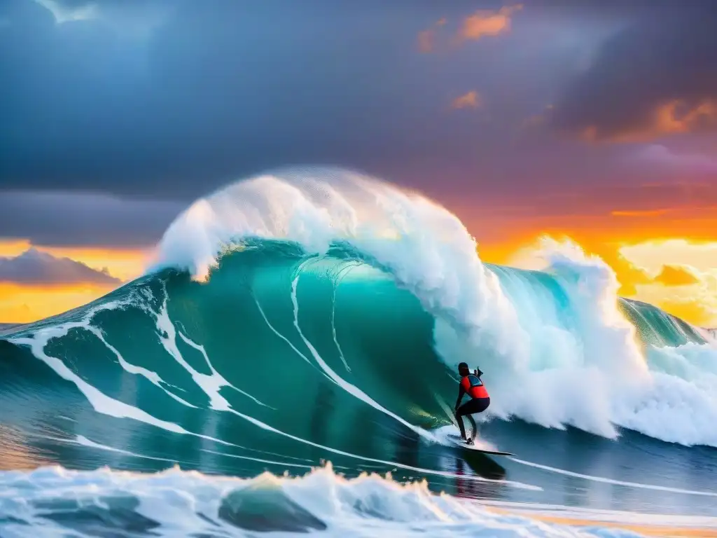 Surfistas expertos cabalgan olas gigantes al atardecer en Uruguay, en una escena impresionante de deportes acuáticos