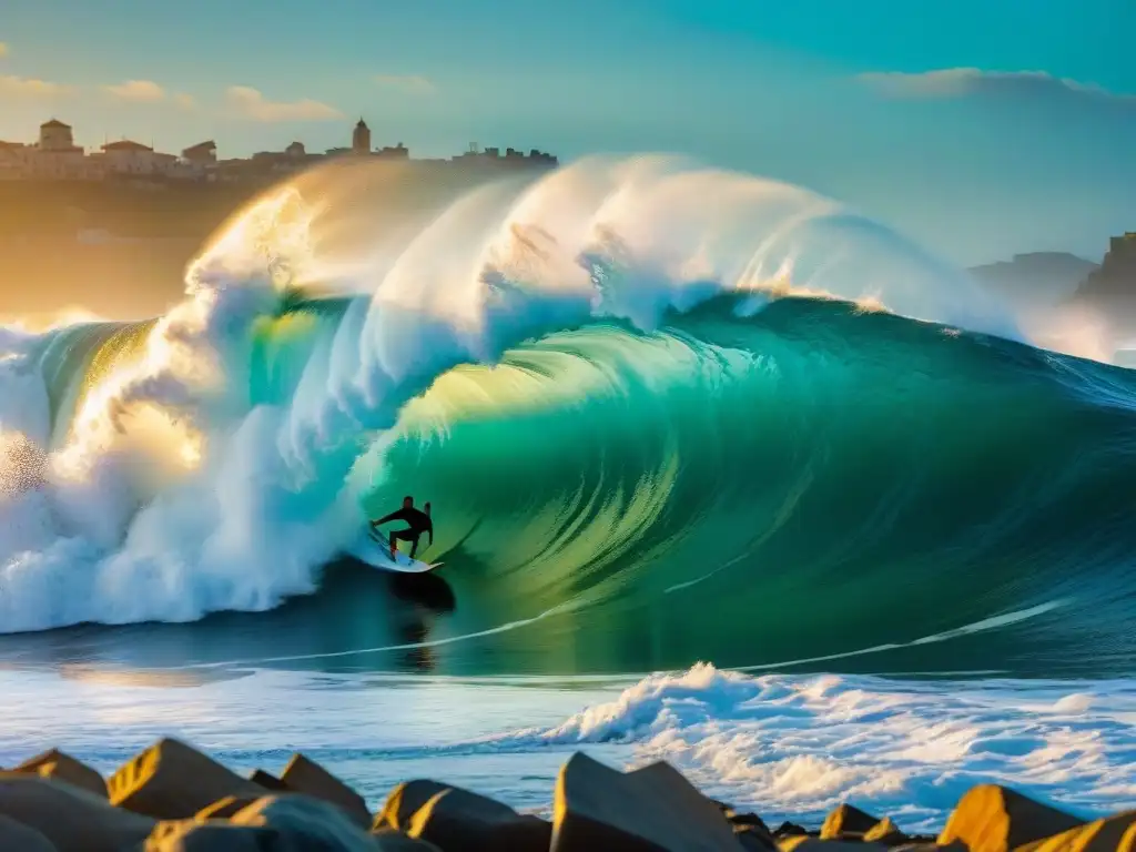 Surfistas expertos cabalgando olas gigantes al atardecer en La Pedrera, Uruguay