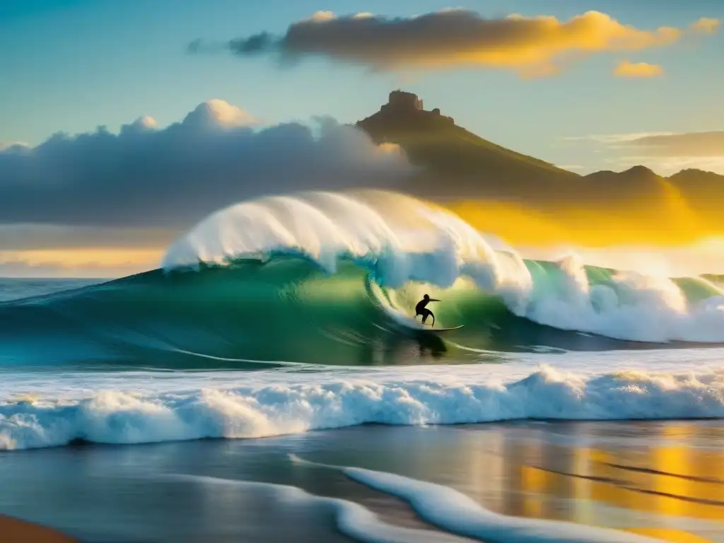 Surfistas entrenando físico en Uruguay bajo un atardecer vibrante