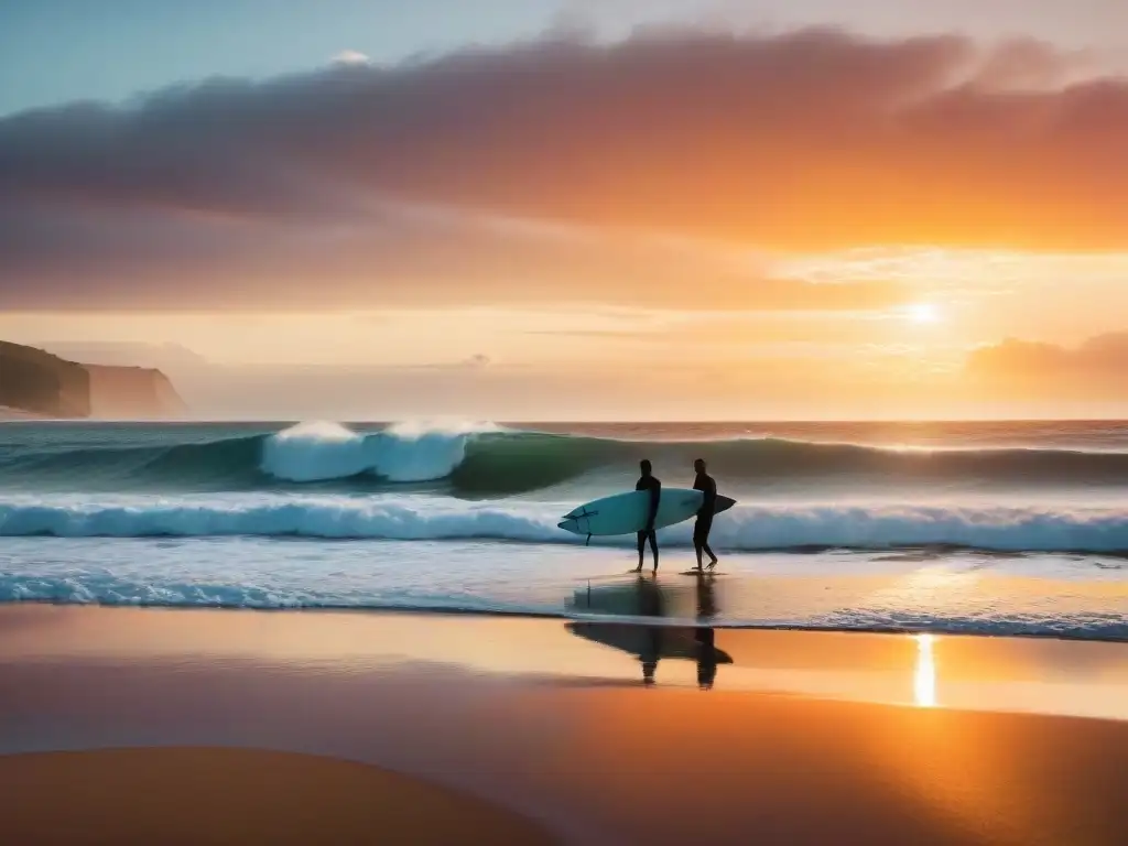 Surfistas al amanecer en Uruguay, listos para surfear en una playa dorada