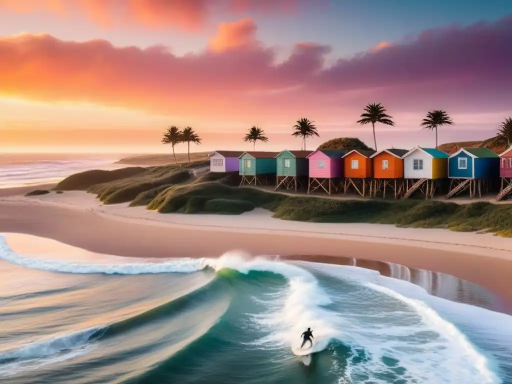 Surfistas disfrutando de las mejores épocas para surfear en Punta del Diablo, Uruguay, bajo un atardecer dorado