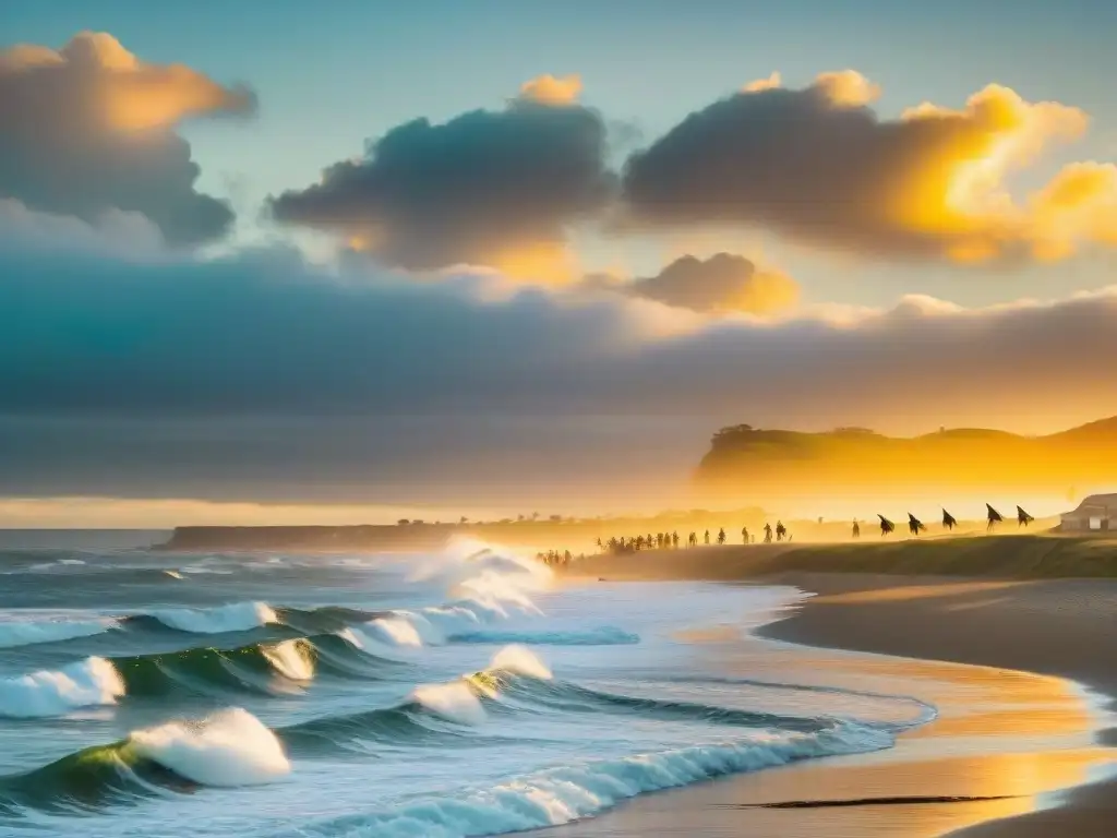 Surfistas disfrutan de las mejores escapadas de fin de semana para surfistas en Uruguay en Punta del Diablo al atardecer