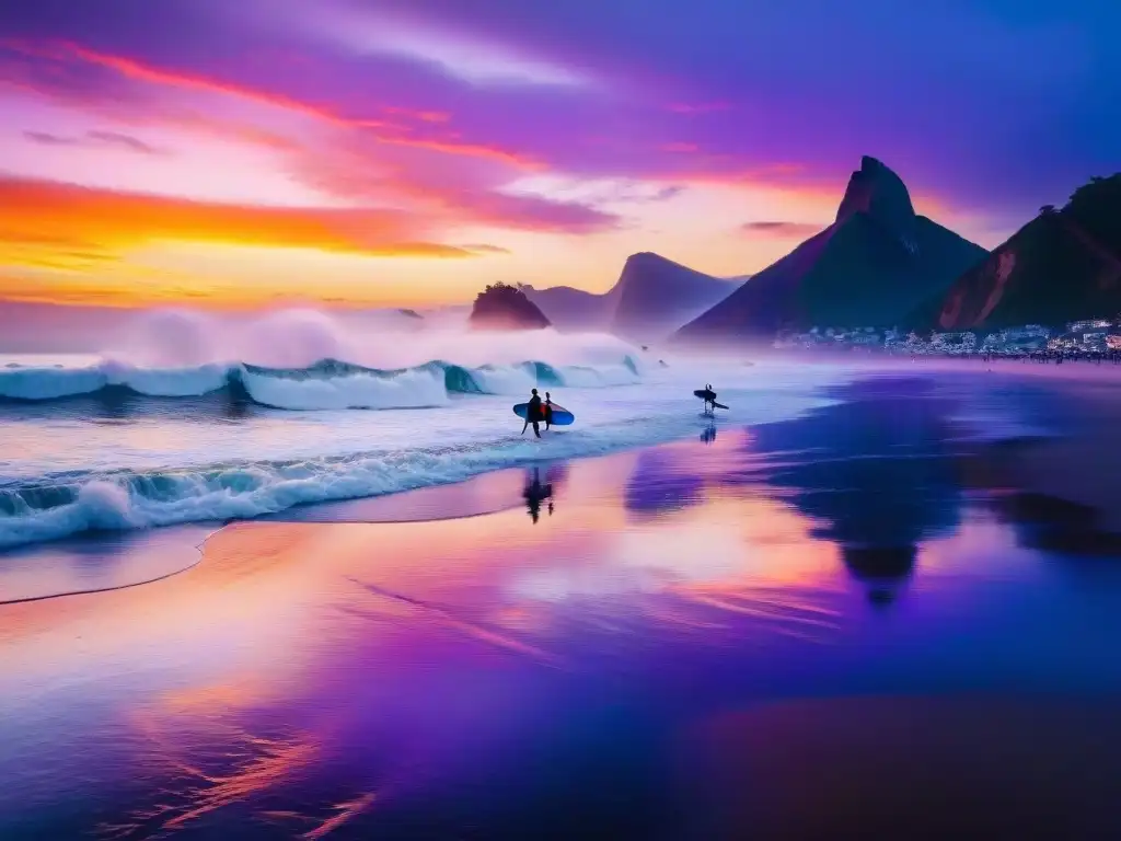 Surfistas disfrutando de las mejores playas para surfear en Uruguay al atardecer