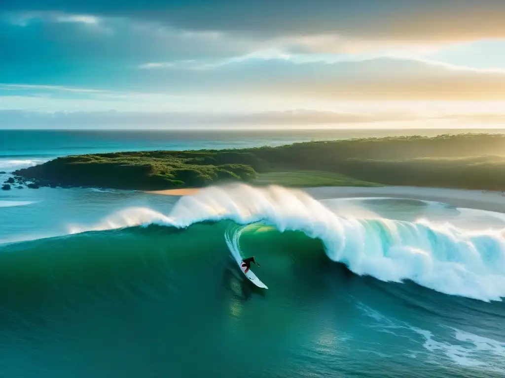 Surfistas en acción capturando olas al atardecer en Uruguay, reflejando la emoción de las clínicas de surf en Uruguay