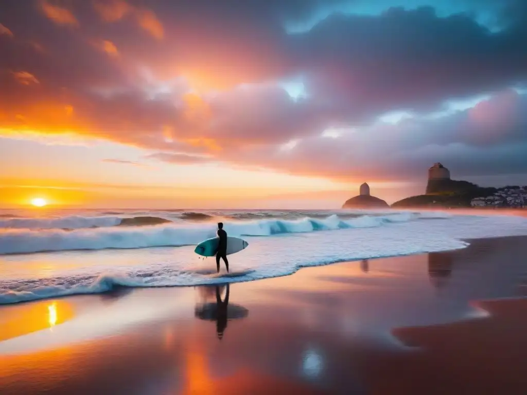 Surfistas surcan olas al atardecer en La Paloma, Uruguay