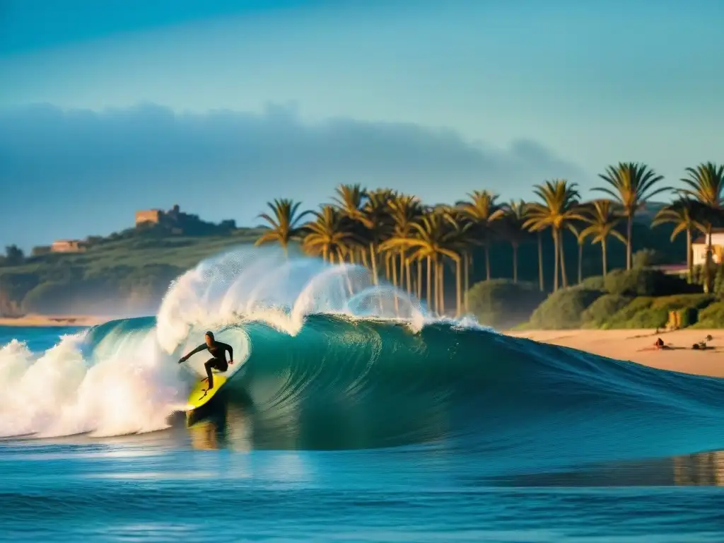 Surfistas disfrutan de las olas al atardecer en La Paloma, Uruguay