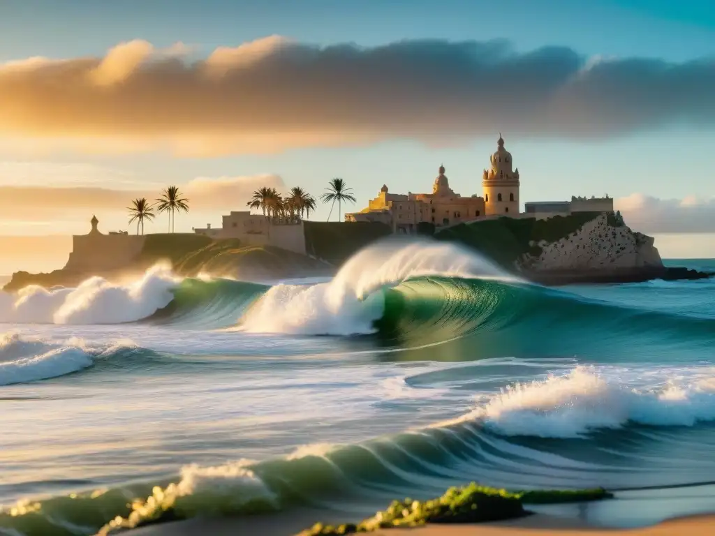 Surfistas capturando olas al atardecer en La Pedrera, Uruguay