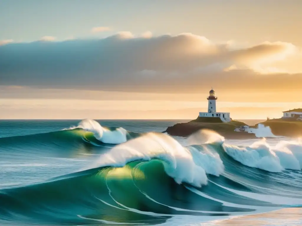 Surfistas cabalgan olas al atardecer en Punta del Este, Uruguay, durante las mejores épocas para surfear