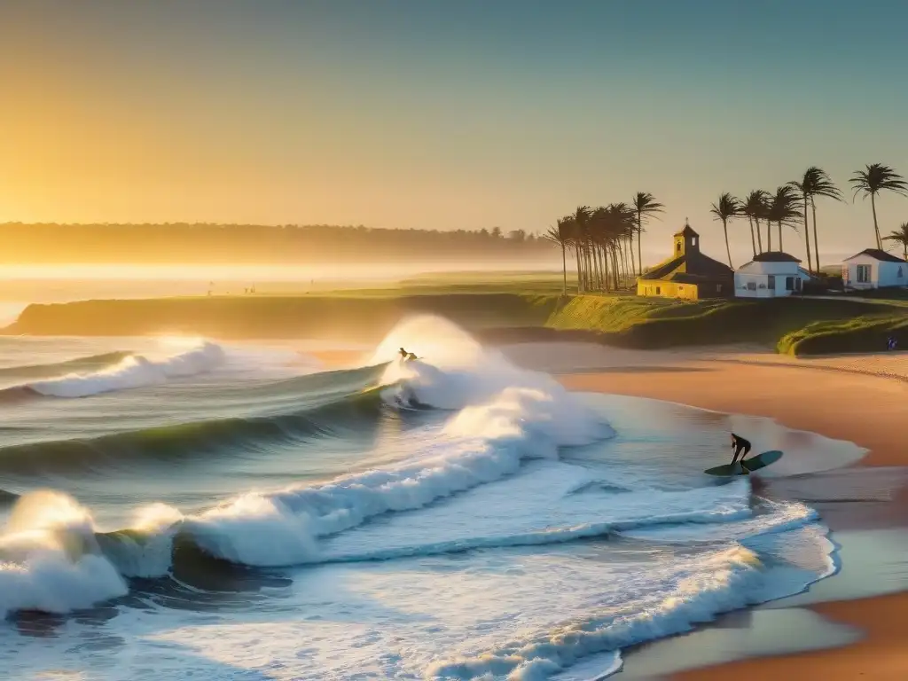 Surfistas cabalgan olas al atardecer en Punta del Diablo, Uruguay