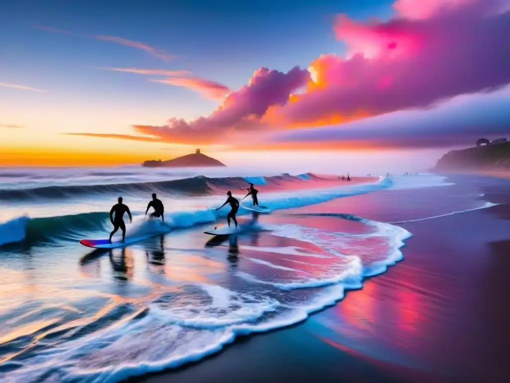 Surfistas disfrutando de las olas al atardecer en Uruguay, con tonos naranjas y rosados intensos en el cielo y el mar brillante