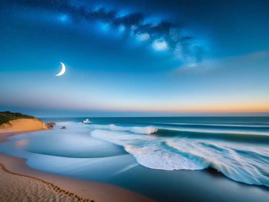 Surfistas surfeando olas bioluminiscentes bajo la luna en Playa La Pedrera, Uruguay