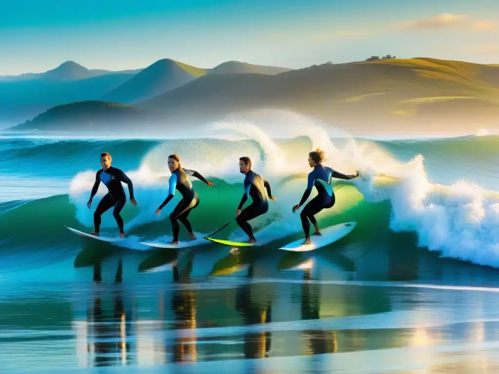 Surfistas disfrutan las olas al amanecer en Uruguay, transmitiendo emoción y belleza