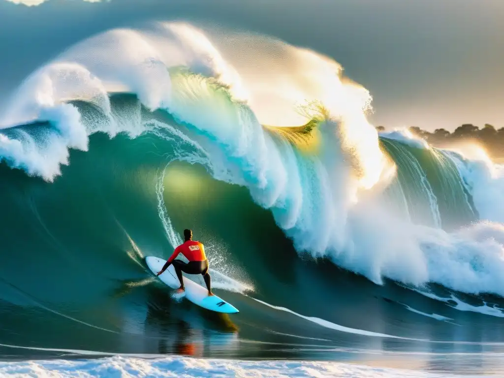 Surfistas surfeando olas gigantes al atardecer en Punta del Este, Uruguay