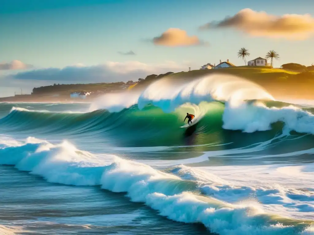 Intrépidos surfistas surfeando olas gigantes al atardecer en Punta del Diablo, Uruguay