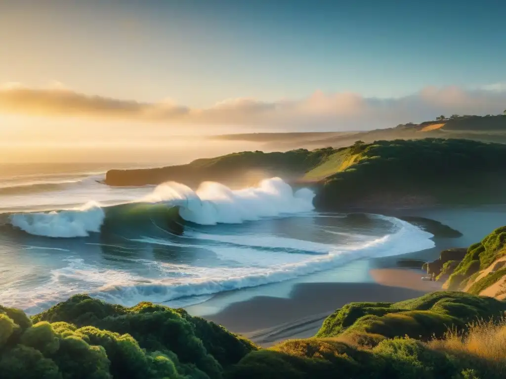 Surfistas disfrutan de olas en un paraíso secreto al atardecer en uno de los mejores spots de surf en Uruguay