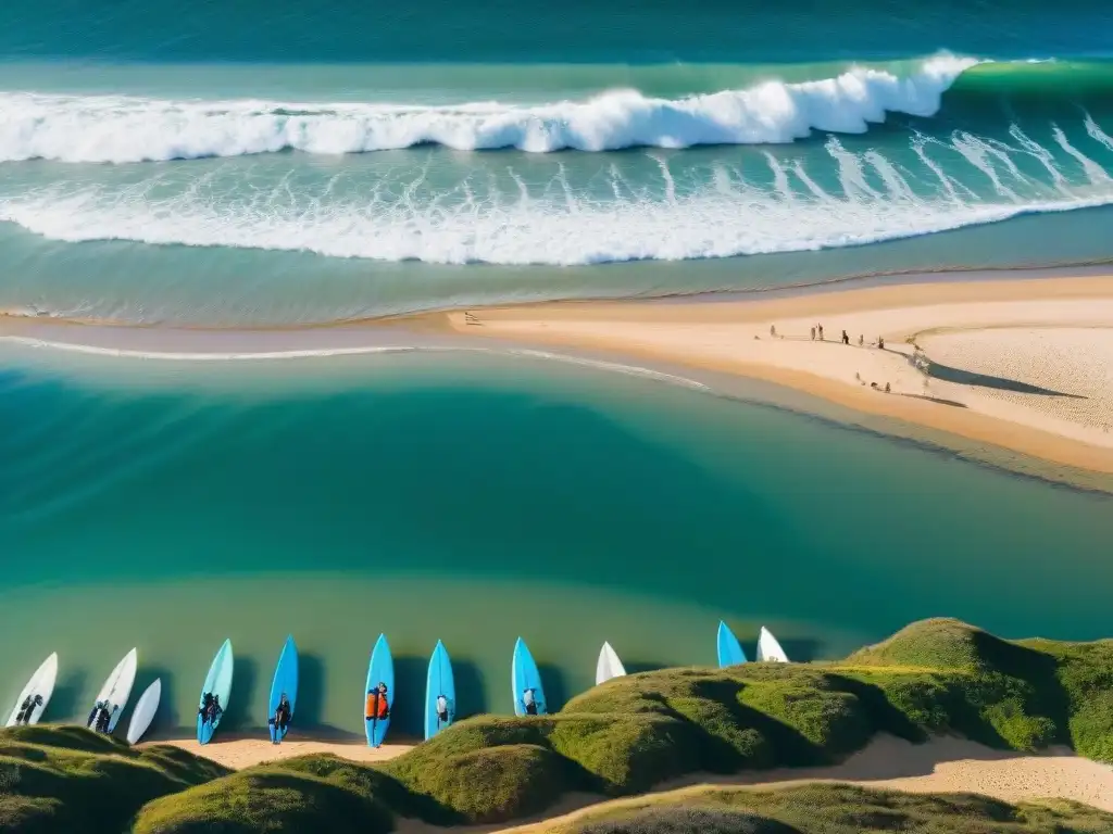 Surfistas disfrutando de olas en Punta del Diablo, una de las mejores playas para surfear en Uruguay