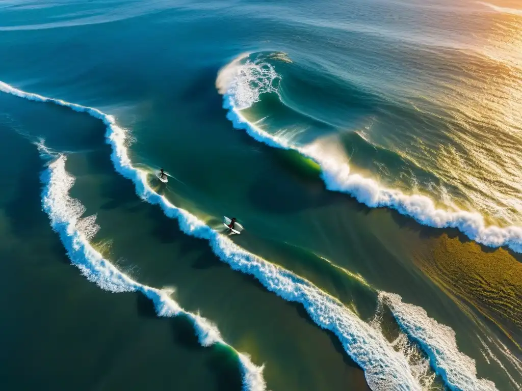 Surfistas disfrutando de las olas al amanecer en Punta del Este, Uruguay