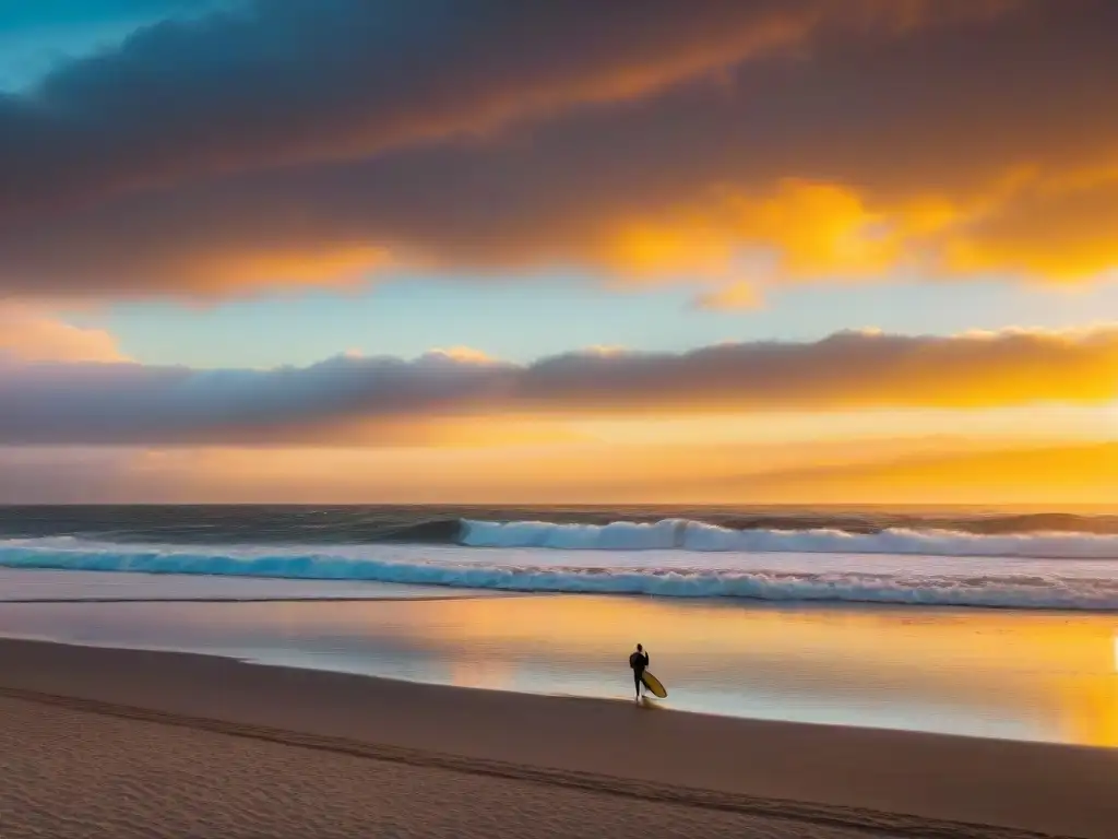 Surfistas en La Paloma disfrutando del atardecer dorado en Uruguay, ideal para aplicaciones para aventuras en Uruguay