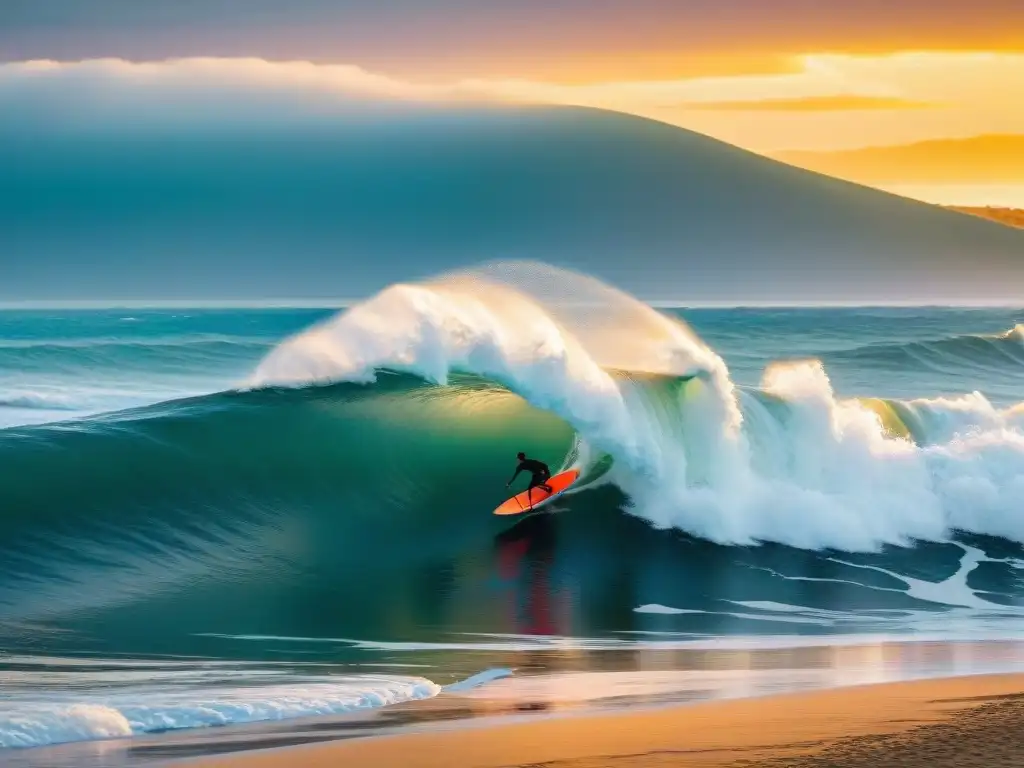 Surfistas en La Pedrera Beach, Uruguay, durante la hora dorada al atardecer