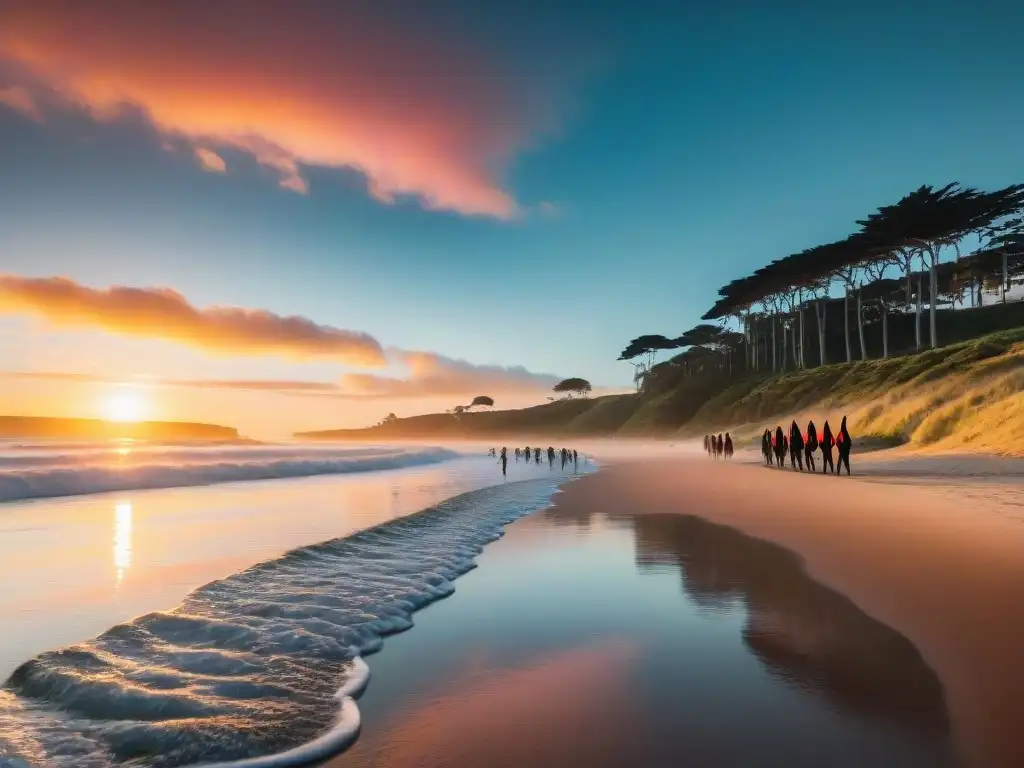 Surfistas en playa uruguaya al atardecer, uno de los mejores spots de surf en Uruguay