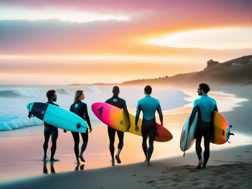 Diversos surfistas en la playa al atardecer en Uruguay, fomentando el turismo responsable