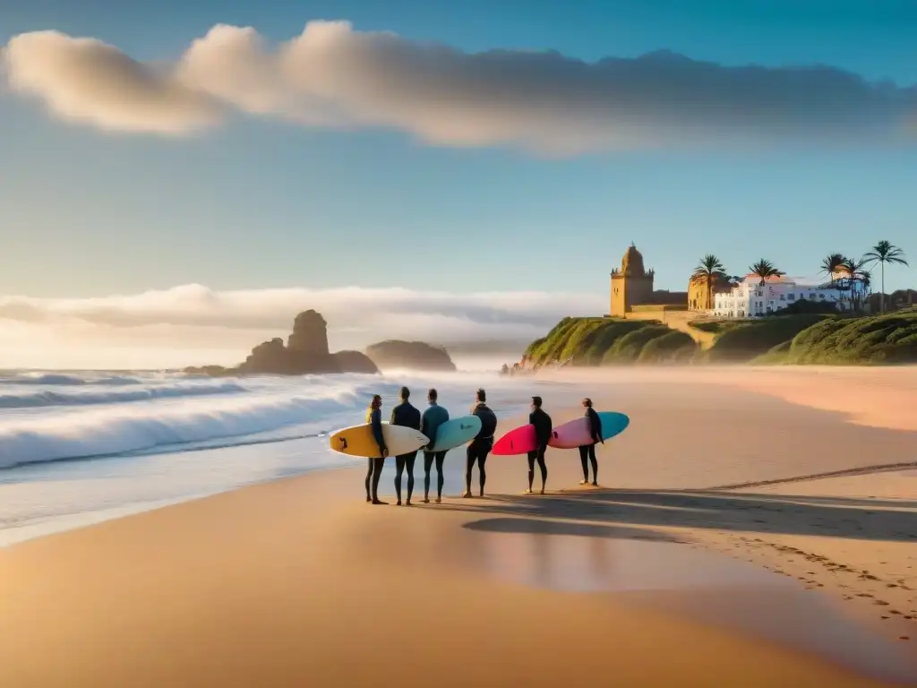 Surfistas en Playa La Pedrera, atardecer con turismo responsable en Uruguay surf