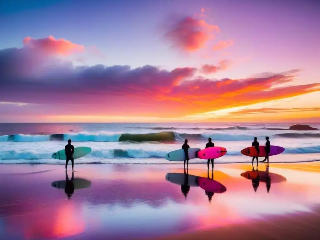 Surfistas en la playa de Punta del Este disfrutando de un atardecer vibrante, reflejando la cultura del surf en Uruguay