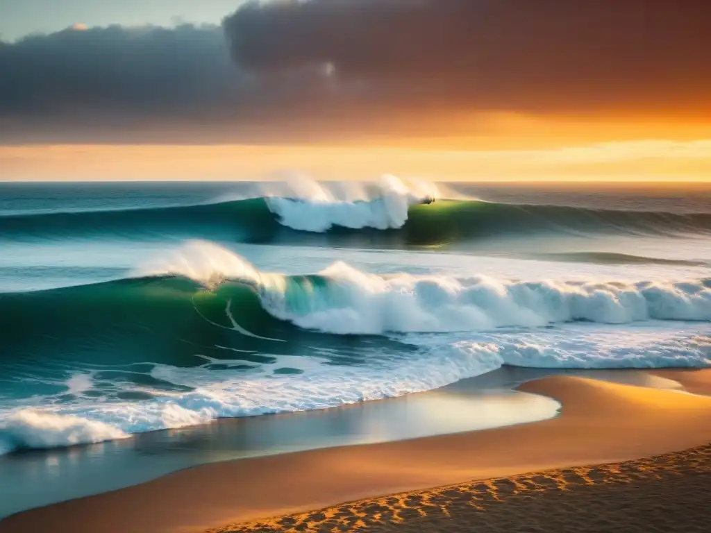 Surfistas en la playa de Uruguay, silueteados por un atardecer anaranjado, reflejando la cultura del surf en Uruguay