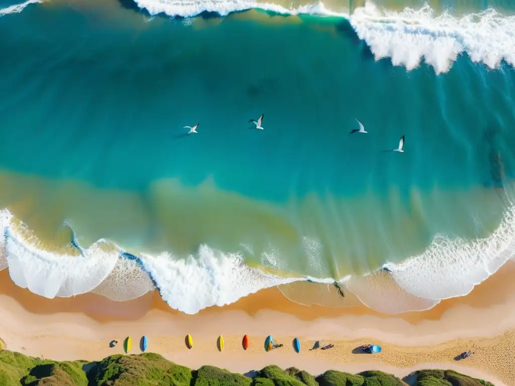 Surfistas en la playa de Uruguay con sus tablas de surf, listos para el mar