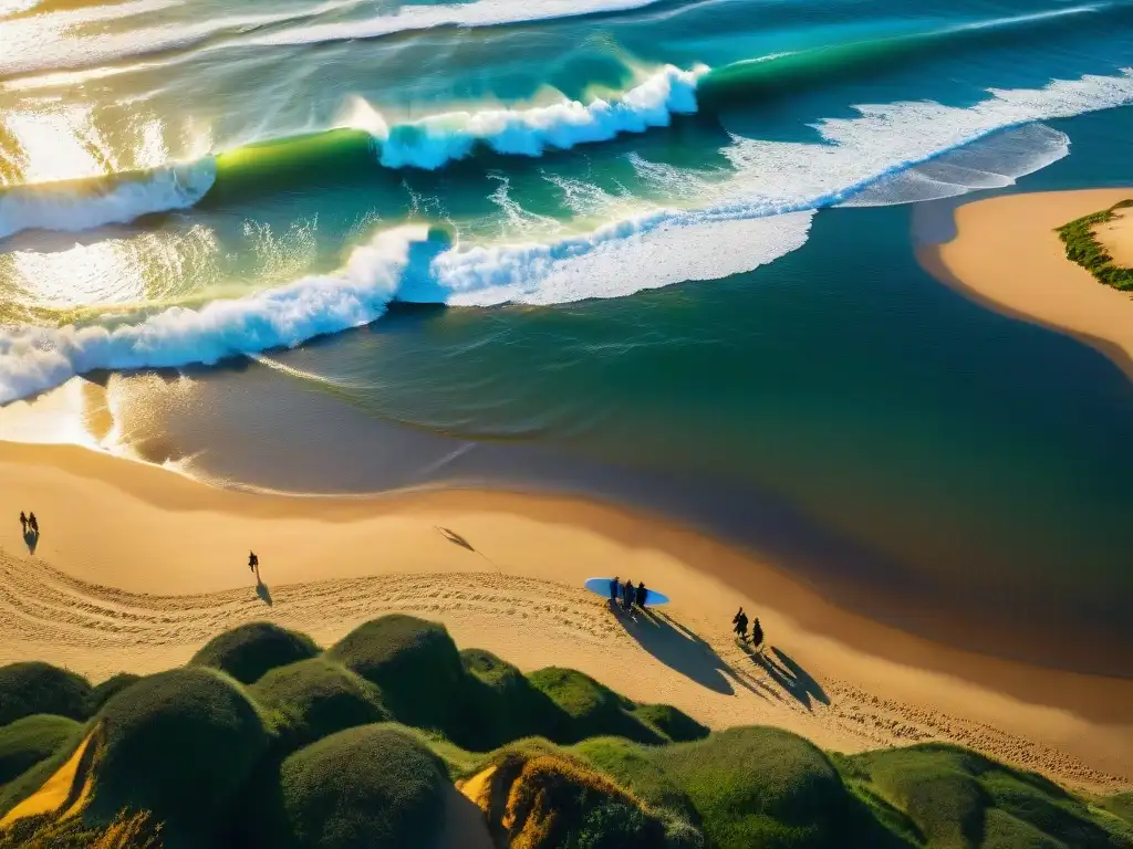 Surfistas disfrutan de la puesta de sol en La Pedrera, una de las mejores playas para surfear en Uruguay