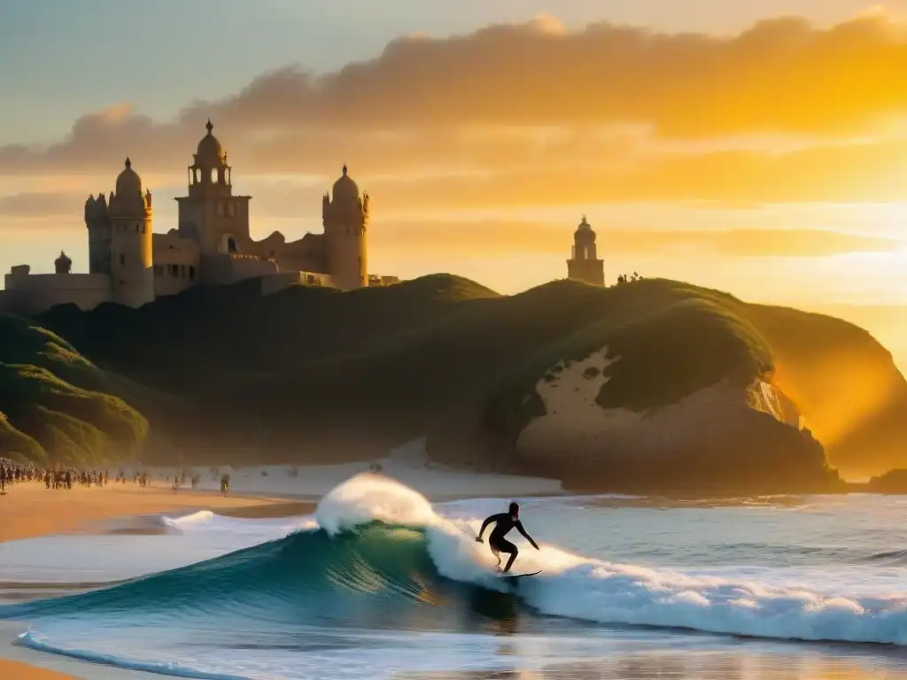 Surfistas en silueta capturados en La Pedrera Beach al atardecer, una de las mejores playas para surfear en Uruguay