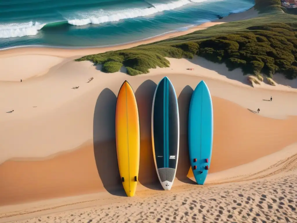 Surfistas preparando tablas en la playa dorada de Punta del Este al atardecer, previo a los Campeonatos de surf Uruguay 2023