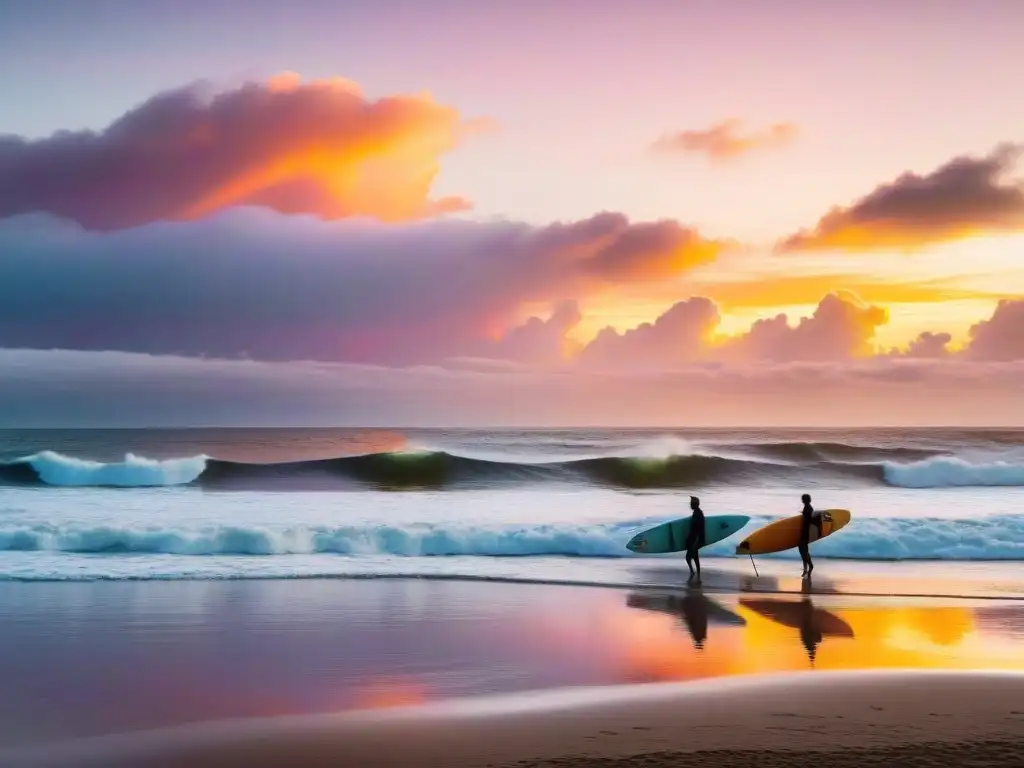 Surfistas llevando tablas de surf en Punta del Diablo al atardecer