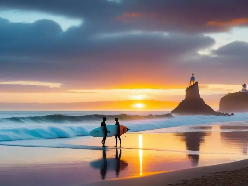 Surfistas capturan la última ola al atardecer en Playa Brava, Punta del Este, Uruguay