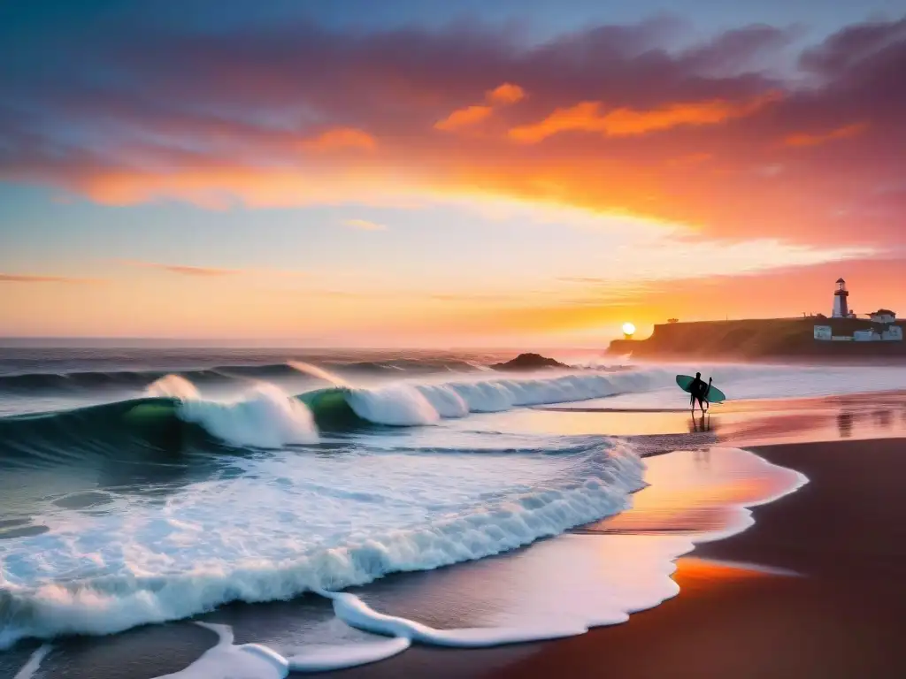 Surfistas disfrutan las últimas olas al atardecer en Punta del Diablo, Uruguay